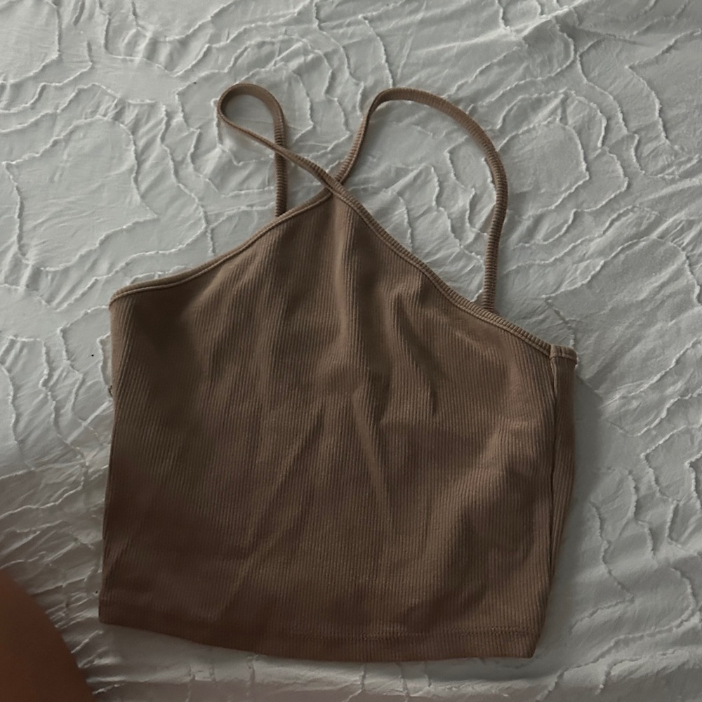 Zara Ribbed Asymmetric Strappy Crop Tank - Taupe
